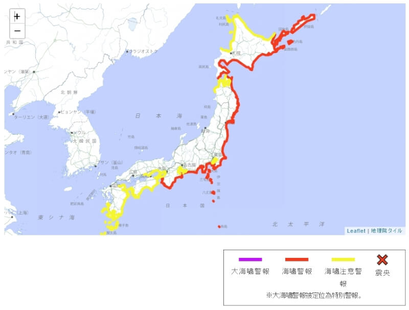 俄羅斯遠東地區堪察加半島外海30日發生規模8.7強震,日本發布海嘯警報。(圖取自日本氣象廳網頁jma.go.jp)