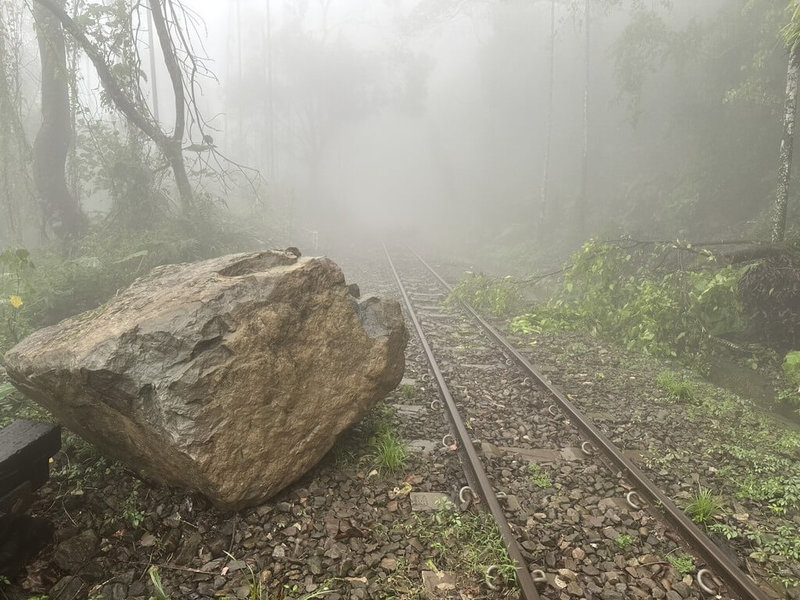受低壓豪雨影響,阿里山林業鐵路沿途不斷發生落石、倒木情況,林鐵本線(嘉義至阿里山)31日持續停駛。(林鐵及文資處提供)中央社記者蔡智明傳真 114年7月31日