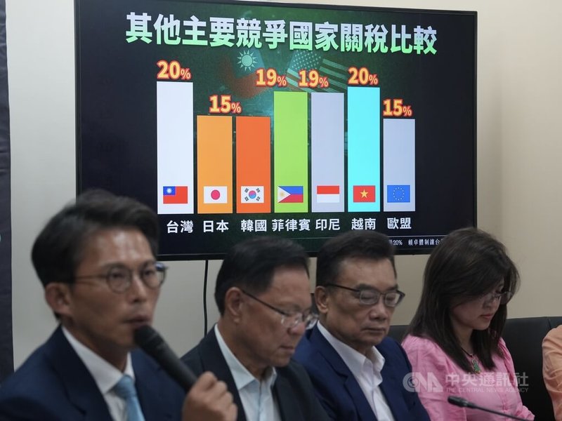 美國白宮公布台灣對等關稅稅率為20%,民眾黨立法院黨團1日上午舉行記者會,並以圖表比較鄰國稅率。中央社記者徐肇昌攝 114年8月1日