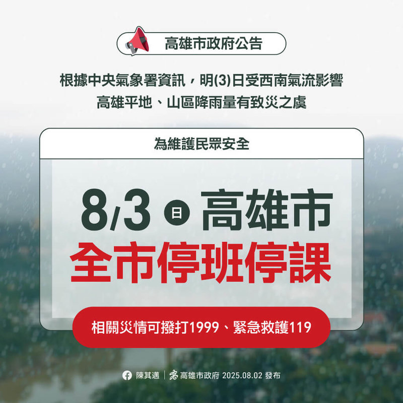 高雄市政府指出，3日除山區雨量預測達停班、停課標準外，其它地區雨量預測最高也達340毫米，趨近停班課標準，恐有致災之虞，因此宣布全市3日皆停止上班、停止上課。（高雄市政府提供）中央社記者林巧璉傳真  114年8月2日