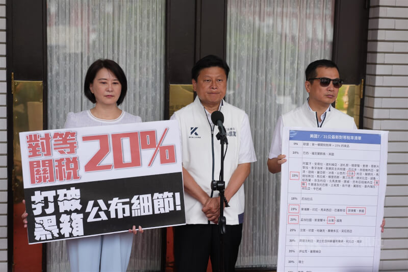 美國總統川普更新對等關稅，對台稅率為20%。國民黨立法院黨團總召傅崐萁（中）1日與黨團書記長王鴻薇（左）、首席副書記長羅智強（右）舉行記者會，向政府提出對策。中央社記者徐肇昌攝　114年8月1日