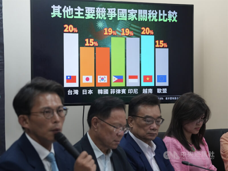 美國白宮公布台灣對等關稅稅率為20%,民眾黨立法院黨團1日上午舉行記者會,並以圖表比較鄰國稅率。中央社記者徐肇昌攝 114年8月1日