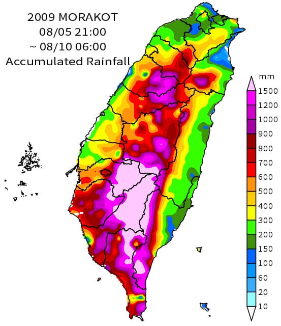 2009年颱風莫拉克總雨量。(圖取自氣象署網頁cwa.gov.tw)