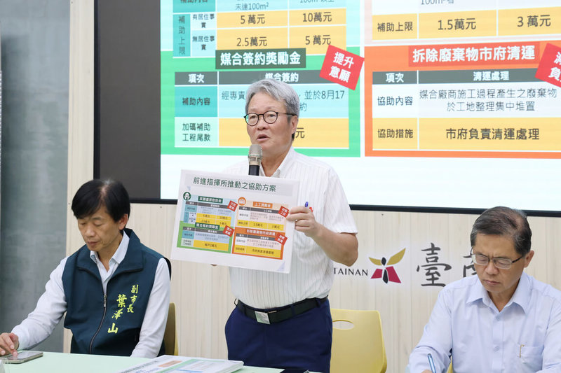 行政院雲嘉南災後復原前進指揮所指揮官陳金德(中)與台南市副市長葉澤山(左)6日出席於民治市政中心舉行的聯合說明記者會,宣布將由教育部協調5所大學工班加入拆除或修繕受損房屋。(台南市政府提供)中央社記者楊思瑞台南傳真 114年8月6日