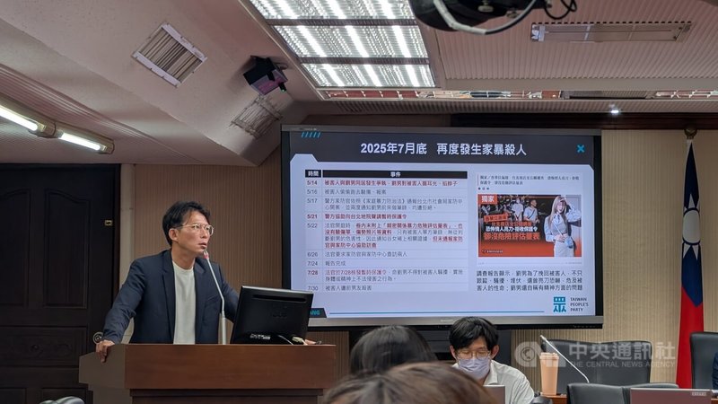 針對台北市信義區發生劉姓男子涉埋伏、殺害谷姓前女友致死案，民眾黨立委黃國昌（左）6日質詢時，批評法院審理被害女子聲請保護令超過期限，事後相關部會互踢皮球，「非常難看」。中央社記者曾以寧攝　114年8月6日