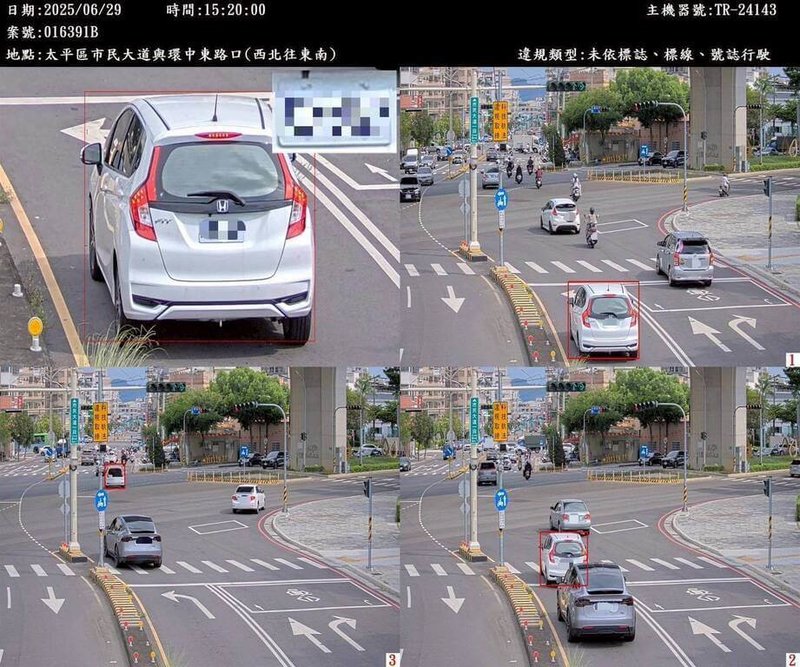 台中市警察局6日公布，68處路口科技執法於114年1至7月共取締各類交通違規23萬6421件，以不依標誌標線號誌行駛18萬5177件為最多。（警方提供）中央社記者郝雪卿傳真  114年8月6日