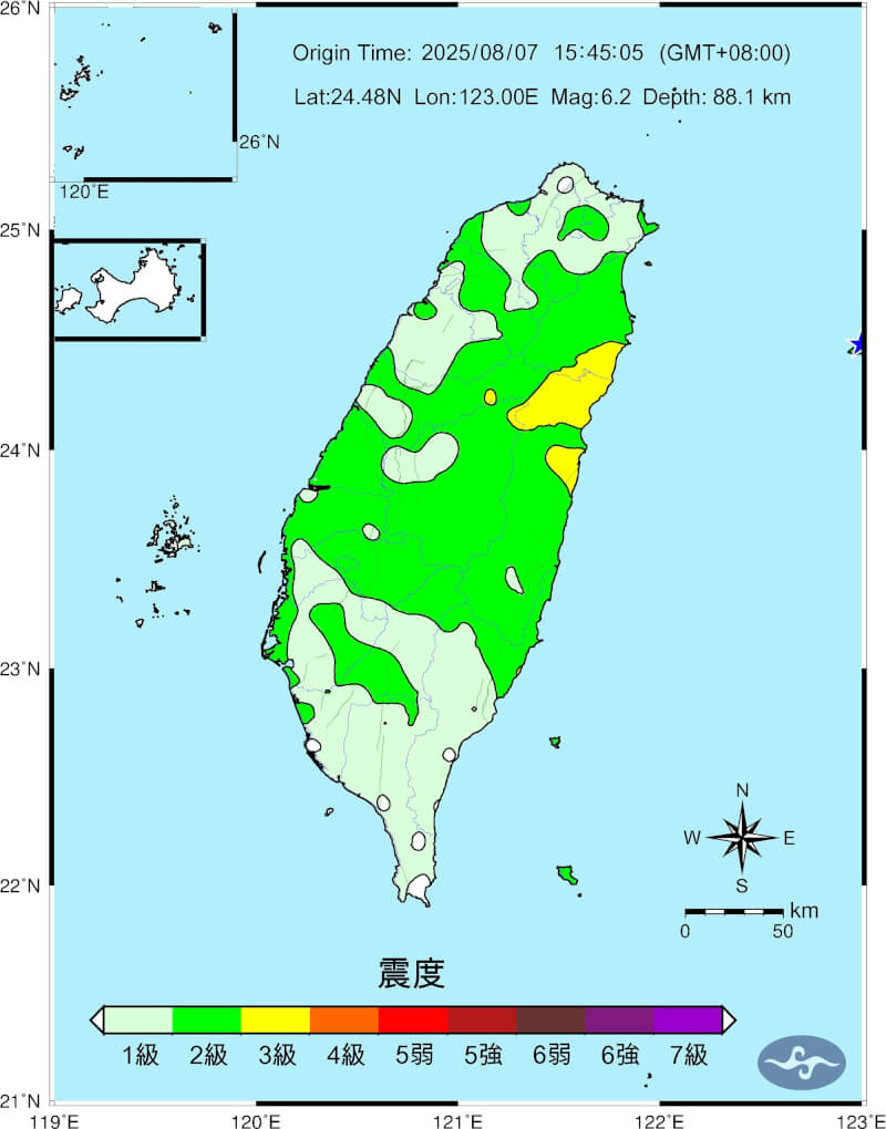 東部海域7日下午3時45分發生規模6.2地震，台灣各地震度圖。（圖取自氣象署網頁cwa.gov.tw）