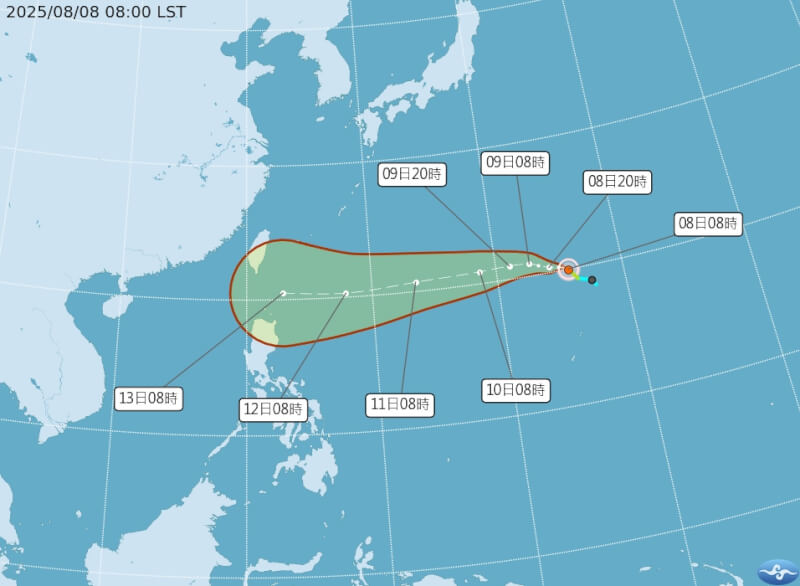 輕度颱風楊柳路徑潛勢預報圖。（圖取自氣象署網頁cwa.gov.tw）