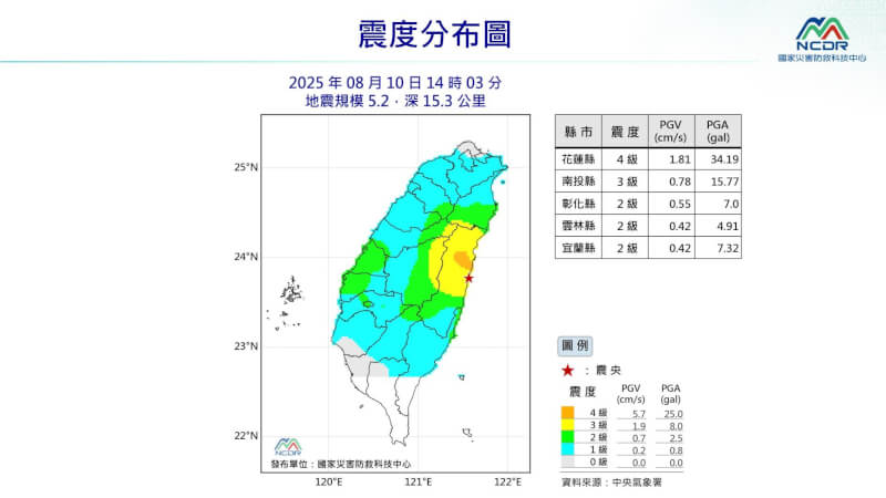 花蓮近海（星號處）10日下午2時許發生規模5.2地震。（圖取自國家災害防救科技中心LINE帳號）