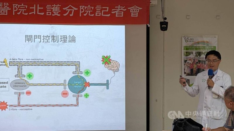 台大醫院北護分院11日召開研究成果發表記者會,復健科醫師張凱閔(右)說明「周邊磁場刺激」就是透過探頭產生磁力,引導體內電流,以非侵入方式讓肌肉運動。中央社記者曾以寧攝 114年8月11日