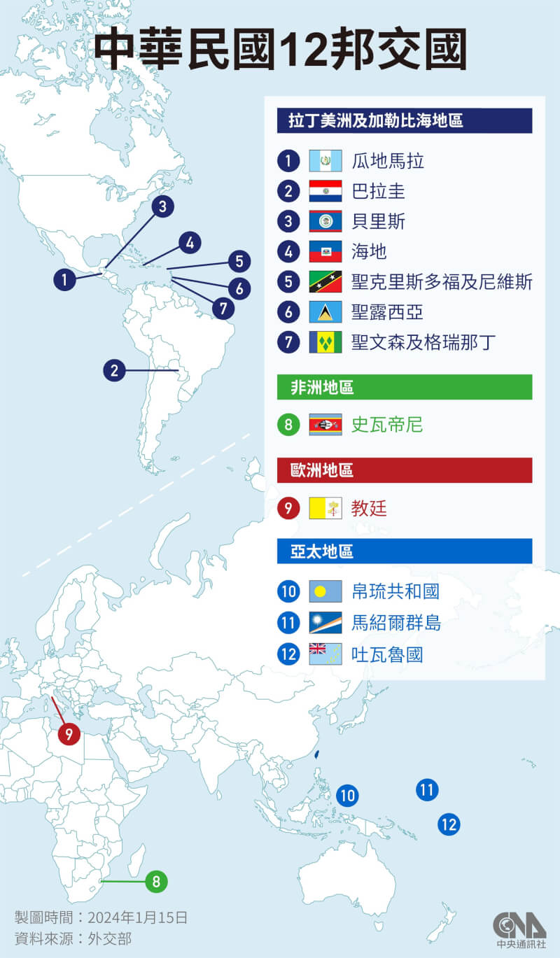 中華民國12個邦交國。(中央社製圖)