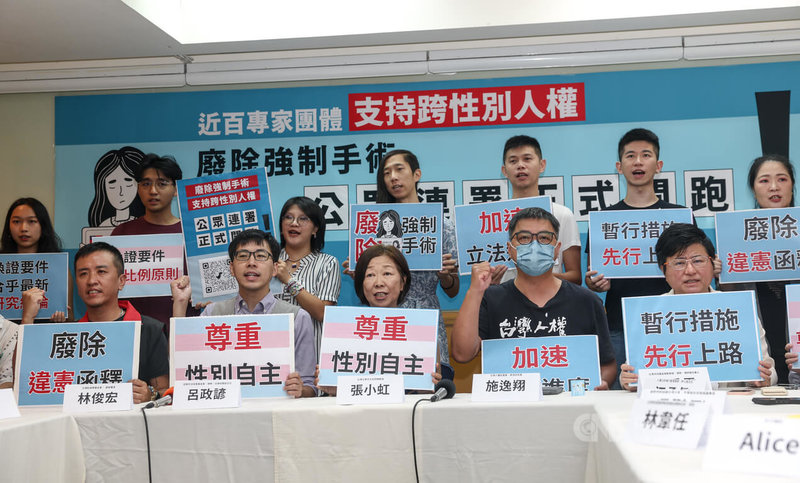 台灣伴侶權益推動聯盟等團體13日上午在台北舉行「近百專家團體支持跨性別人權：廢除強制手術公眾連署正式開跑！」記者會，呼籲社會各界加入連署，一起來支持跨性別爭取自己合理權益。中央社記者吳家昇攝　114年8月13日