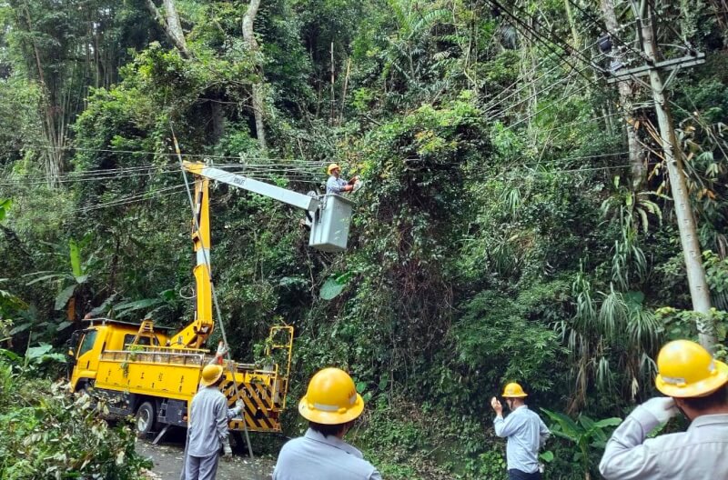 颱風楊柳13日襲台，嘉義沿海地區下午受強陣風影響，累計逾5000戶用戶停電，台電工作人員積極搶修。（台電嘉義區處提供）中央社記者黃國芳傳真　114年8月13日