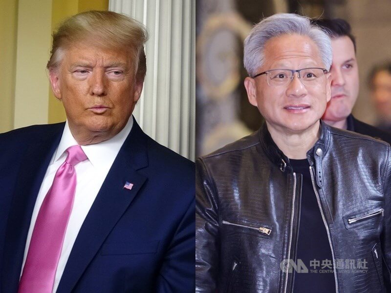 美國總統川普（左）與輝達執行長黃仁勳。（中央社檔案照片）