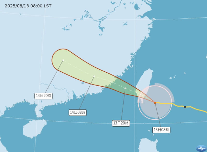 氣象署表示，颱風楊柳預估在13日中午前後從台東附近登陸。（圖取自中央氣象署網頁cwa.gov.tw/）