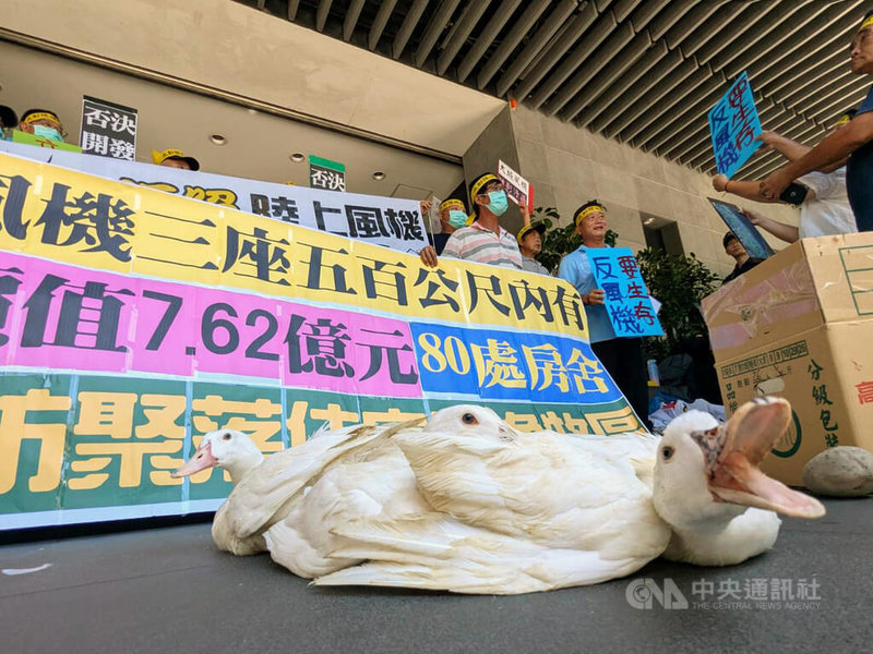 環境部14日召開「彰化大城風場陸域風力發電開發計畫環境影響說明書」專案小組第3次初審會議。會前彰化農民攜帶當地農特產大白鴨、地瓜等到場陳情，指陸域風機將影響養殖業，表達「要生存、反風機」立場。中央社記者張雄風攝　114年8月14日