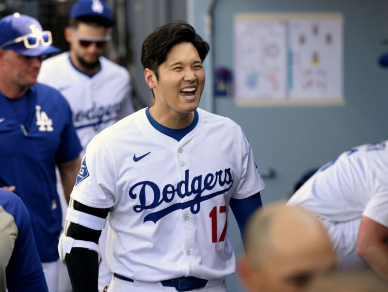 道奇隊日籍球星大谷翔平（中）。（共同社）
