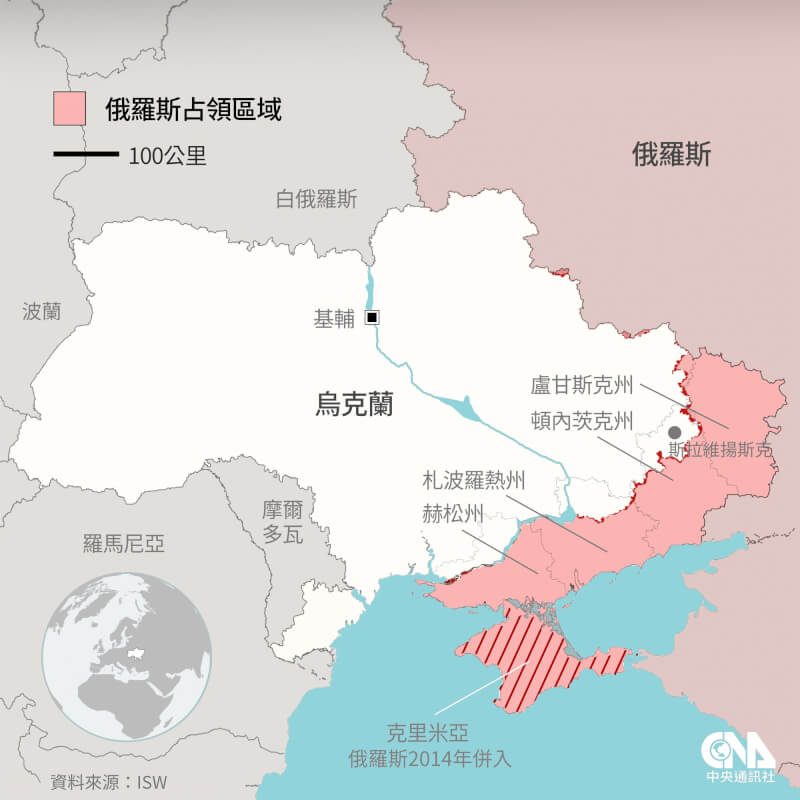 烏克蘭遭俄羅斯占領區域。(中央社製圖)