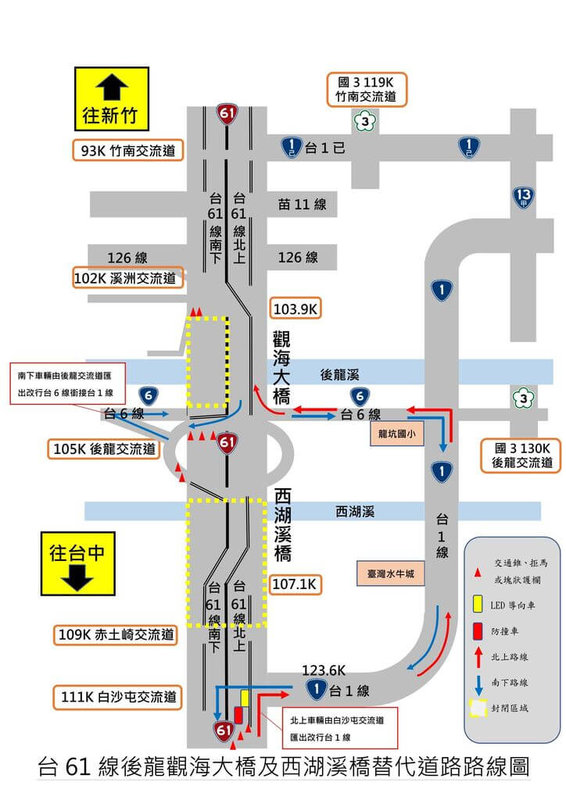 公路局北區公路新建工程分局為辦理台61線西湖溪橋第3階段交維改道前置作業,18日起至9月18日將封閉後龍至白沙屯路段主線車道施工,提醒用路人留意改駛替代道路。圖為公路局公布替代道路路線圖。(公路局提供)中央社記者管瑞平傳真 114年8月14日
