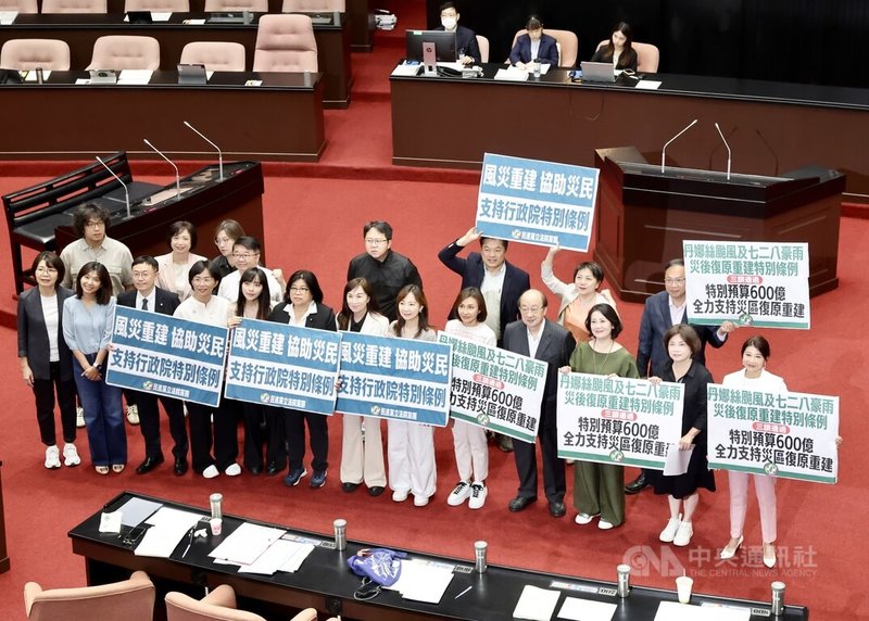 立法院會15日三讀通過「丹娜絲颱風及728豪雨災後復原重建特別條例」，經費上限由政院版的新台幣560億元，增加為600億元，並納入農業、水利設施與電力、電信系統等9項重建項目。中央社記者張皓安攝 114年8月15日