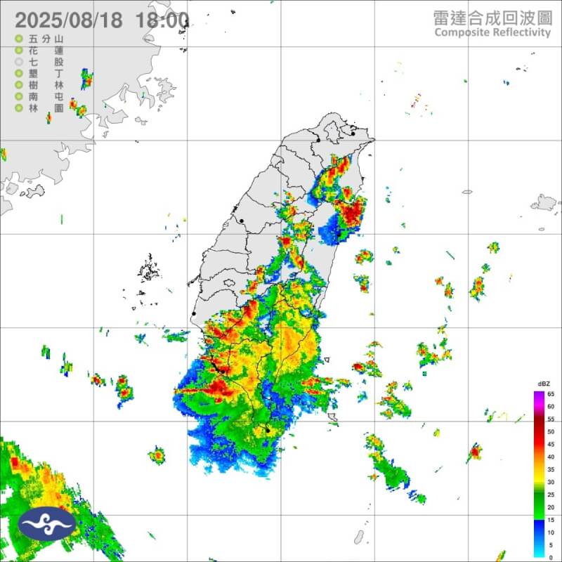 8月18日晚間6時雷達合成回波圖。（圖取自facebook.com/cwa.weather）