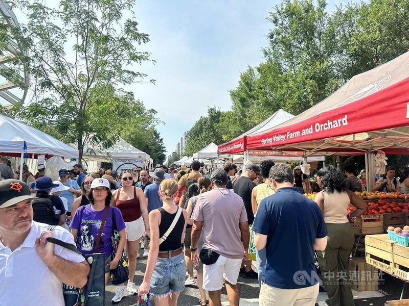 由非營利組織蔬果+(FRESHFARM)經營的市集群,其中之一在華府市中心杜邦圓環,呈現現代都市市集的新型態,吸引不少民眾前來選購。中央社實習記者王家葳華盛頓攝 114年8月18日