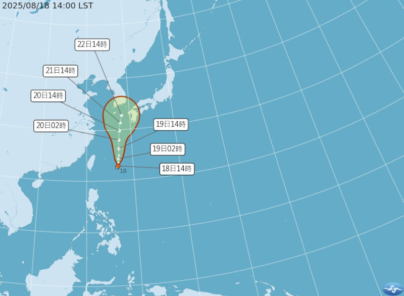 圖為8月18日下午2時熱帶性低氣壓TD15路徑潛勢預報。(圖取自氣象署網頁cwa.gov.tw)