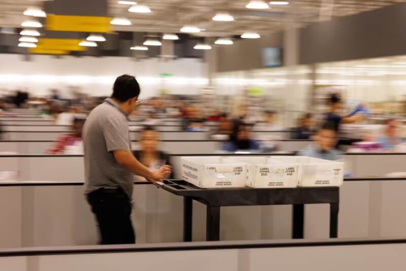 美國總統川普18日宣布,他將在2026年期中選舉前,透過簽署行政命令廢除採用郵寄投票跟投票機。圖為選務人員在加州一處計票中心處理郵寄的選票。(路透社)