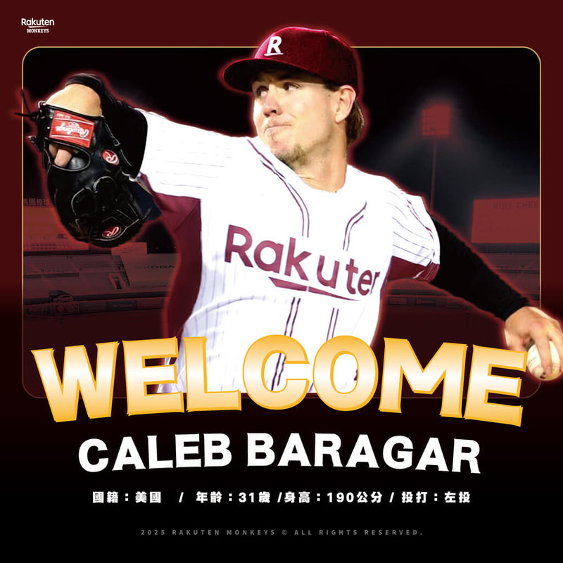 中華職棒樂天桃猿隊19日宣布，31歲美國籍左投Caleb Baragar（暫譯巴拉賈）正式加盟球隊，補強本季外援投手戰力。巴拉賈曾於2020年至2021年間登上美國職棒大聯盟（MLB），共出賽49場。（樂天桃猿提供）中央社記者楊啟芳傳真　114年8月19日