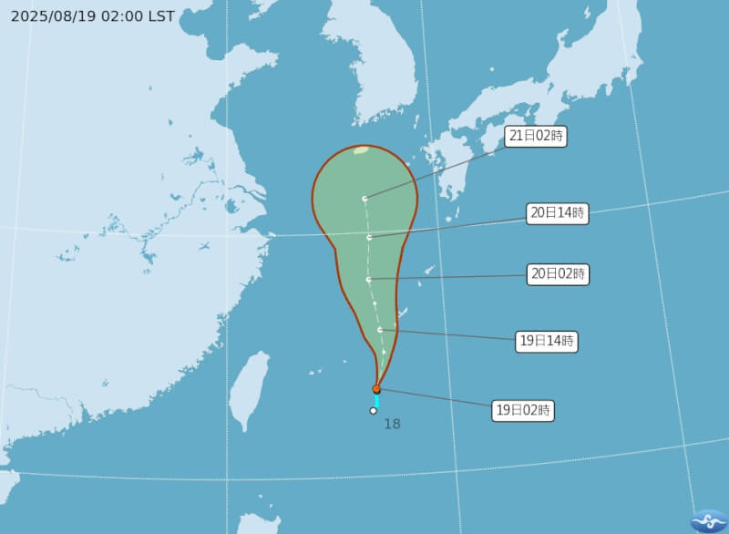 中央氣象署19日上午2時發布颱風路徑預報圖。（圖取自氣象署網頁cwa.gov.tw）