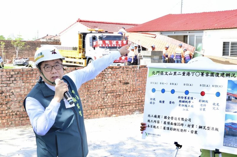 颱風豪雨重創台南,市長黃偉哲(左)22日視察北門區,關心文山里民宅屋頂修繕進度。(台南市政府提供)中央社記者張榮祥台南傳真 114年8月22日