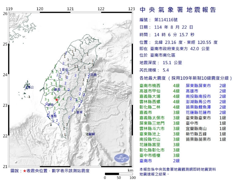 22日下午2時6分台南市政府東北東方發生芮氏規模5.4地震。(圖取自中央氣象署網頁cwa.gov.tw)