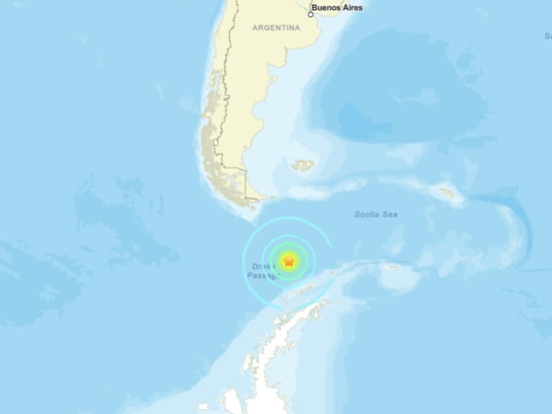 南美洲南端的德雷克海峽當地時間21日發生規模7.5地震。(圖取自美國地質調查所網頁usgs.gov)