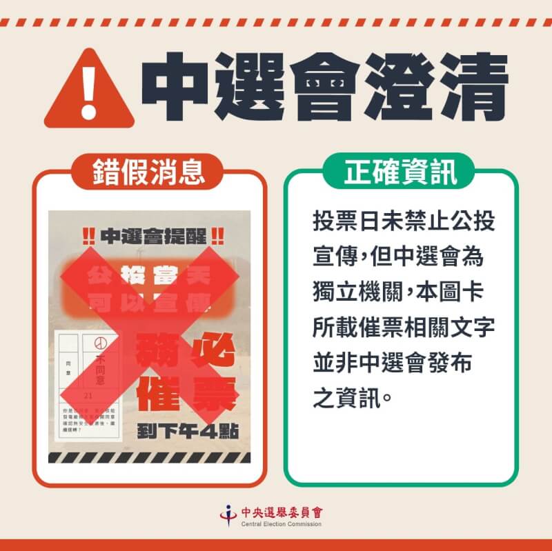 核三重啟公投與7位國民黨立委罷免案23日投開票。中選會澄清，有心人士在網路散布「中選會同意公投可以宣傳、最後催票不同意」的圖卡，並非由中選會發布。（中選會提供）