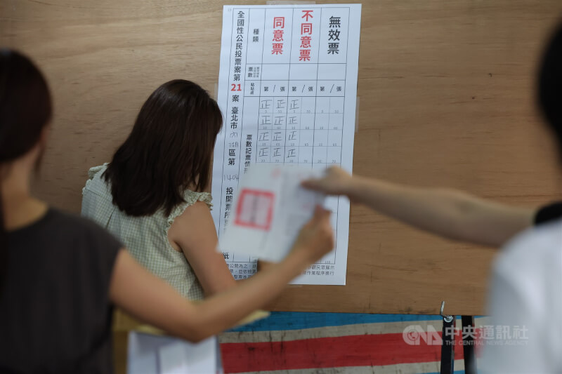 7名立委罷免案及核三重啟公投投票23日下午4時截止,各票所緊接著進行開票作業,台北市網球中心投開票所內選務人員專心記錄票數。中央社記者翁睿坤攝 114年8月23日
