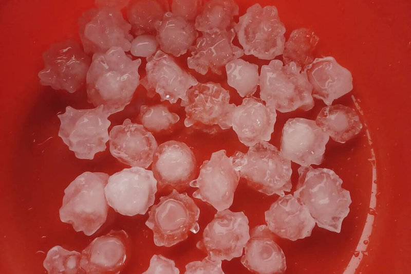 台南市24日下午雷聲大作,部分地區隨即下起雷雨,安定、善化、南化等地還出現下冰雹情形,時間持續約10、20分鐘,有民眾將撿拾冰雹集中在臉盆內拍照留念。(讀者提供)中央社記者楊思瑞台南傳真 114年8月24日