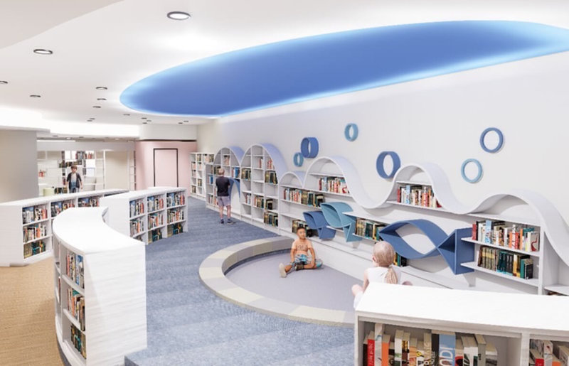 基隆市公共圖書館總館位於基隆文化中心2樓至3樓,因座落於表演藝術中心與美術館之間,改建總館須密切配合2館時程,基隆市政府預計民國115年第1季完工,115年上半年重新啟用。圖為總館整修後空間模擬圖。(基隆市政府提供)中央社記者王朝鈺傳真 114年8月26日
