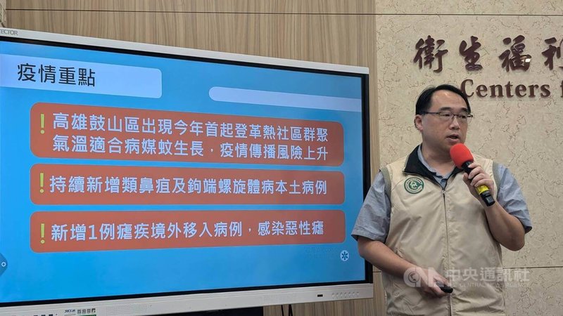 高雄市鼓山區登革熱群聚累計4人確診、為本土病例,疾管署26日在記者會中說明最新疫情趨勢,由疫情中心主任郭宏偉(圖)講解疫情重點摘要。中央社記者曾以寧攝 114年8月26日