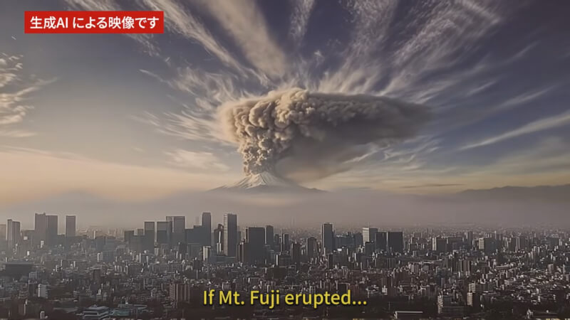 日本政府配合「火山防災日」,發布模擬富士山噴發的影片。(圖截取自東京都總務局YouTube頻道youtube.com/)