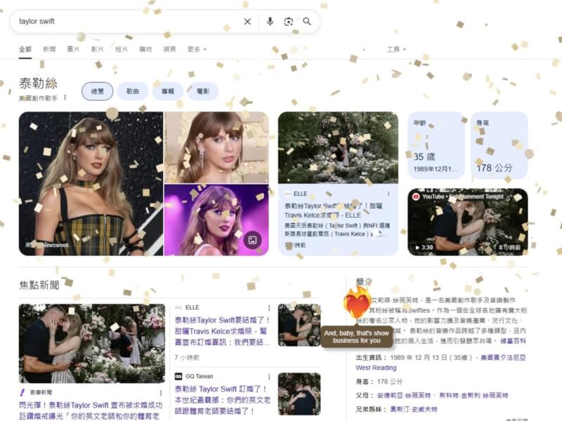 27日在Google搜尋Taylor Swift會有特殊畫面。(圖取自Google網頁google.com)