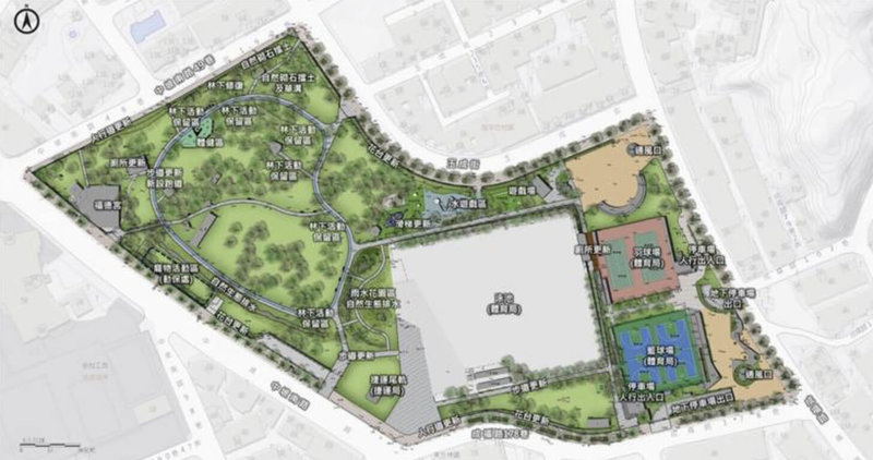 台北市南港區玉成公園部分設施老舊,公園處表示,預計年底完成設計、115年整體更新。設計的核心理念為多元共融,將打造讓長輩、親子、青少年都能共享共融的公共空間。圖為示意圖。(台北市公園處提供)中央社記者楊淑閔傳真 114年8月31日