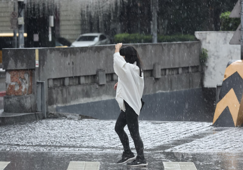 圖為台北市中正區街頭有民眾出門未備雨具,用手遮擋。(中央社檔案照片)