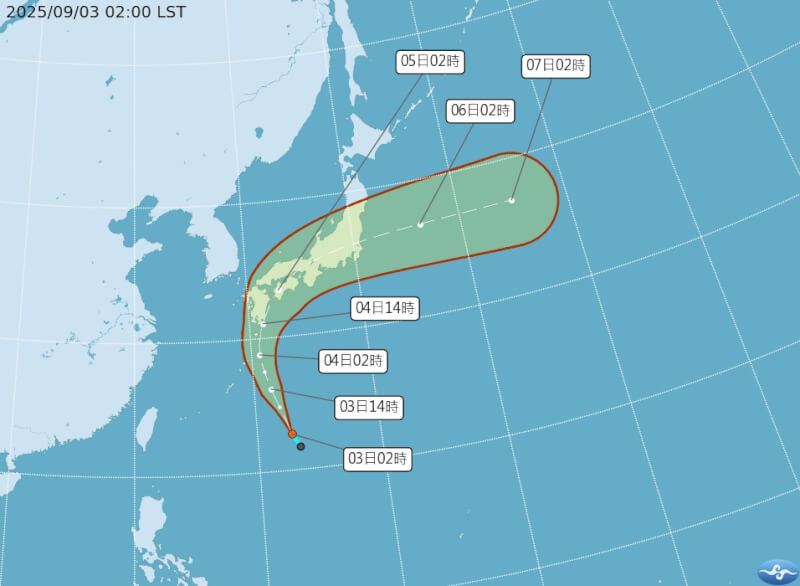 中央氣象署路徑潛勢預測圖顯示,第18號熱帶性低氣壓行進路線將橫掃日本本土。(圖取自中央氣象局網頁cwa.gov.tw)