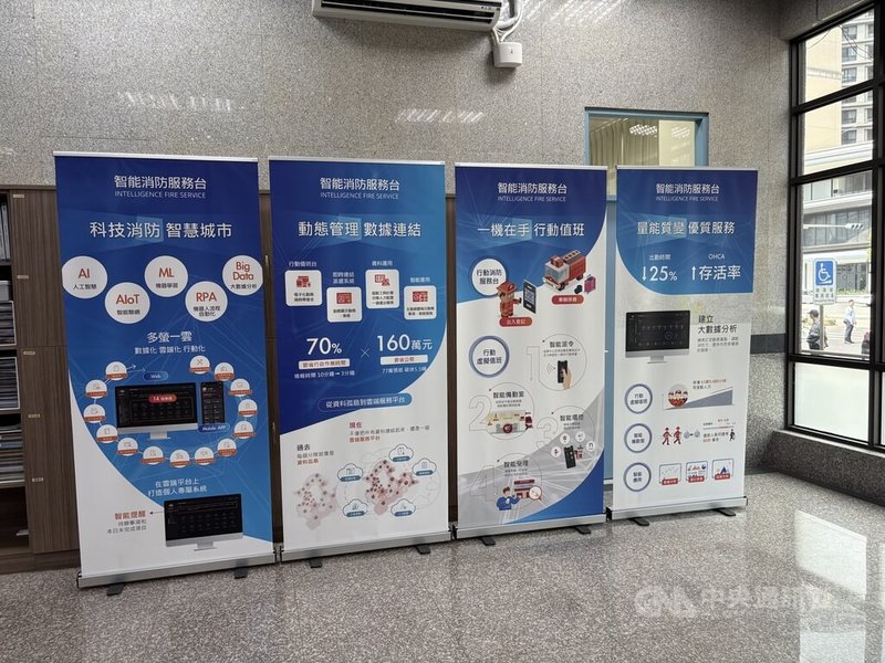 新北市消防局4日展示多項智能科技,包含AI智能值班台,透過資訊整合、自動顯示報案資訊等,能有效縮減出勤時間。圖為智能值班台介紹看板。中央社記者曹亞沿攝 114年9月4日