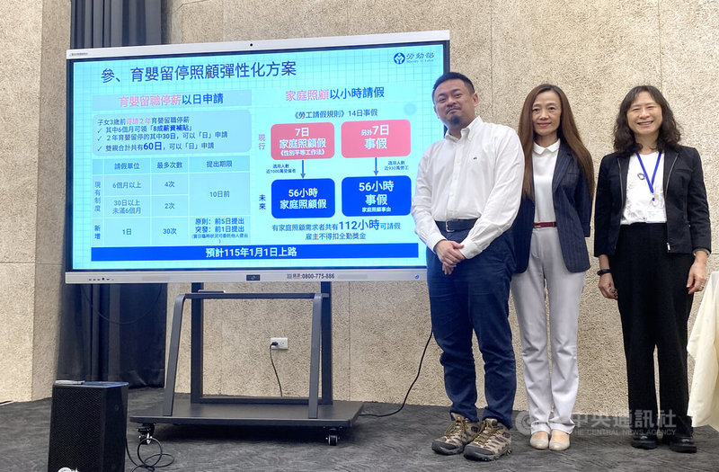 行政院拍板通過「育嬰留停照顧彈性化方案」,讓現行育嬰留職停薪制度更彈性,勞動部長洪申翰(左)4日下午與相關單位主管一同出面說明細節。中央社記者吳欣紜攝 114年9月4日