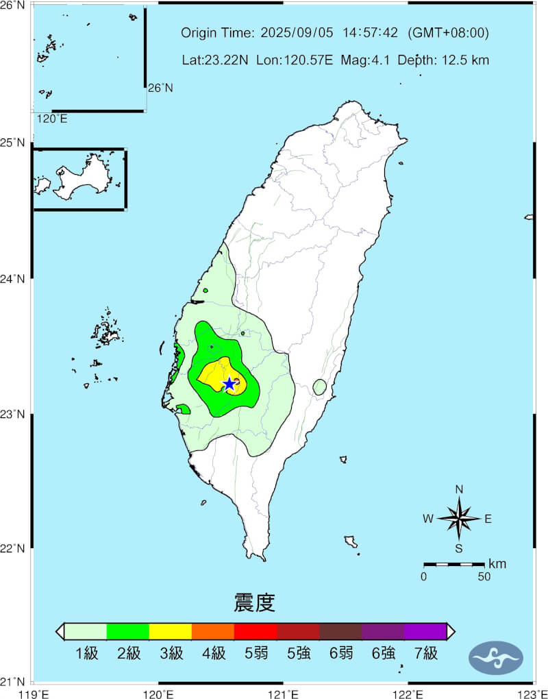 圖為地震震度圖。(圖取自氣象署網頁cwa.gov.tw)