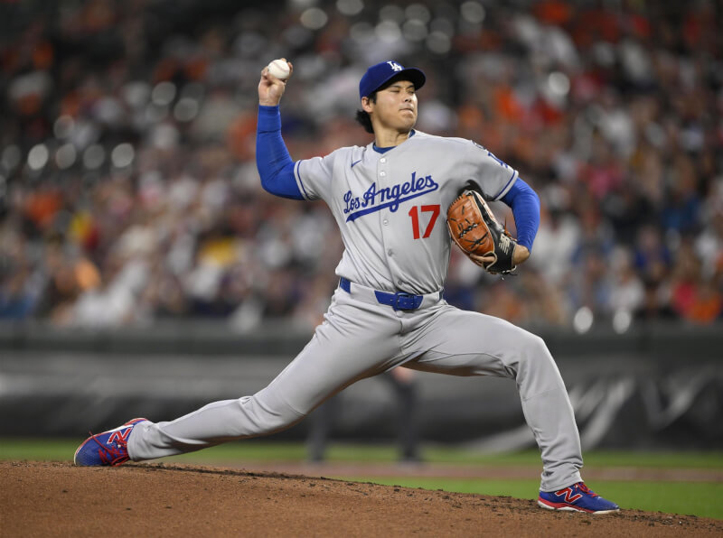 MLB洛杉磯道奇日籍球星大谷翔平5日臨危受命代替先發迎戰巴爾的摩金鶯,主投3.2局未失分,送出5次三振。(共同社)