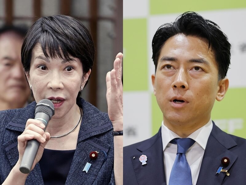 前經濟安全保障大臣高市早苗（左）、農林水產大臣小泉進次郎（右）。（共同社）