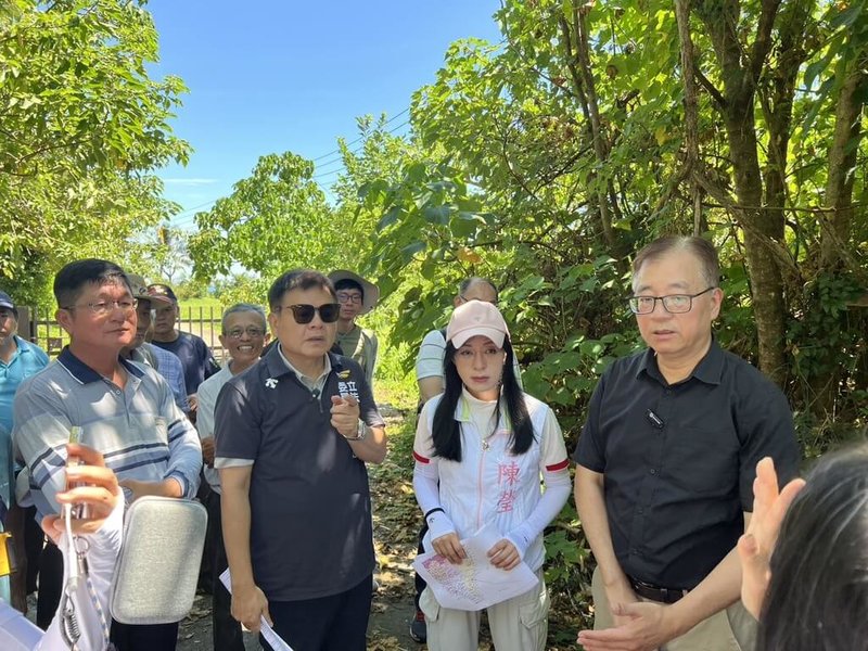 颱風楊柳重創台東農業，不過東河鄉的釋迦保險理賠出現風速判斷有疑慮，恐無法理賠。立委陳瑩（右2）、莊瑞雄（右3）11日天邀請中央氣象署大氣觀測組組長齊祿祥（右1）相關單位實勘，協助農民獲得理賠。（陳瑩服務處提供）中央社記者盧太城台東傳真 114年9月11日