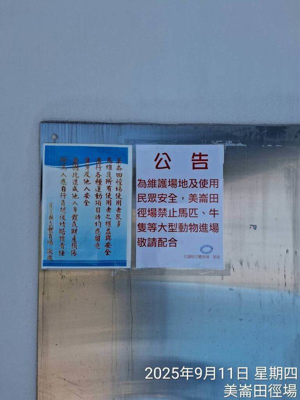 花蓮市區有民眾9日到美崙田徑場跑步,遇到有人在遛馬,直呼「跑步遇到馬的機率多高」;花蓮縣立體育場長陳昭瑋表示,經確認場內設備未受損,考量民眾安全,11日張貼公告禁止攜馬匹或牛隻等大型動物進入。(陳昭瑋提供)中央社記者張祈傳真 114年9月11日